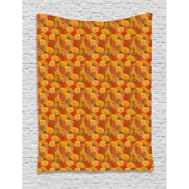 Burnt Orange Tapestry, Abstract Autumn Doodle Trees in Warm Tangerines