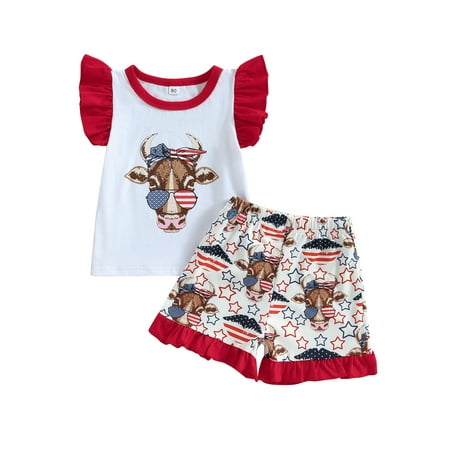 

Bagilaanoe 4th of July Clothes for Toddler Baby Girls Letter Print Fly Sleeve Vest Tops + Stars Shorts 6M 9M 12M 18M 24M 3T Kids Independence Day Outfits 2pcs Short Pants Set