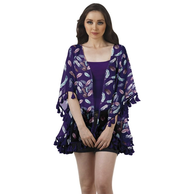 Moomaya Vêtements de Plage Imprimés pour Femmes Boléro à Franges Cache-Maillot Cardigan
