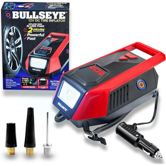 Bullseye Tire Inflator 150 PSI Portable Air Compressor Electric Pump For Car Auto LED Tire Pressure Gauge 12V DC