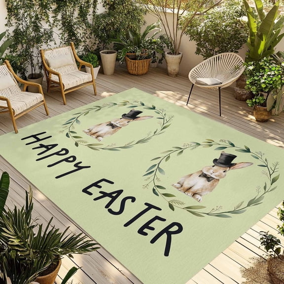Sage Green Easter Outdoor Rug for Patio/Deck/Porch, Non-Slip Large Area Rug 5 x 8 Ft, Spring Bunny Eucalyptus Leaves Indoor Outdoor Rugs Washable Area Rugs, Reversible Camping Rug Carpet Runner