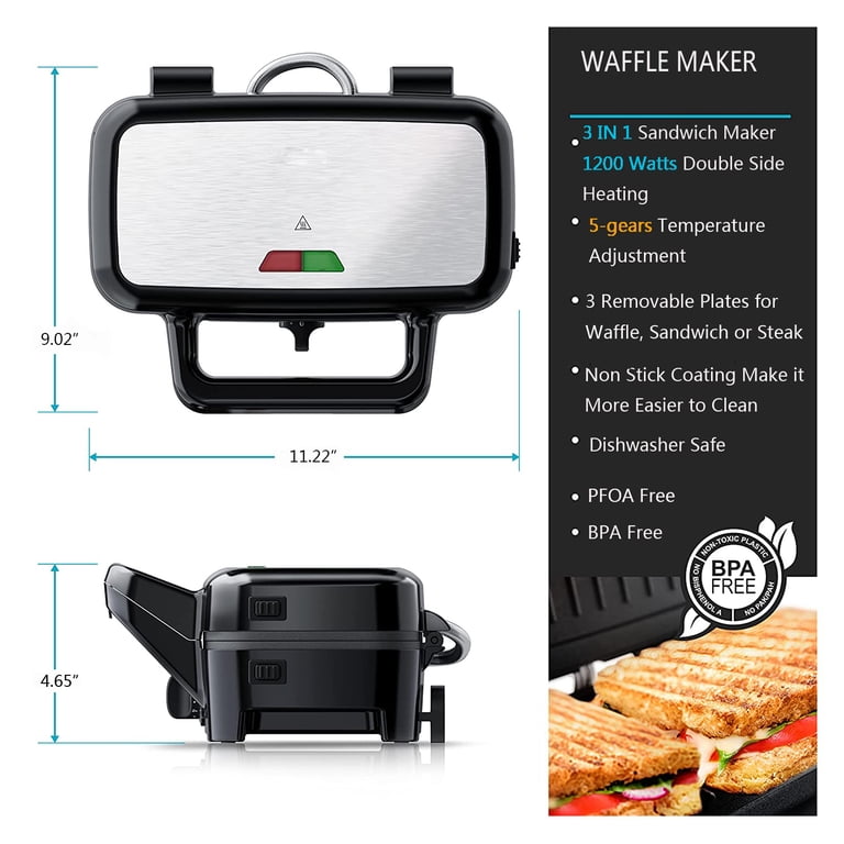 FOHERE 3-in-1 Sandwich Maker, Waffle Maker, and Grill Press photo 6