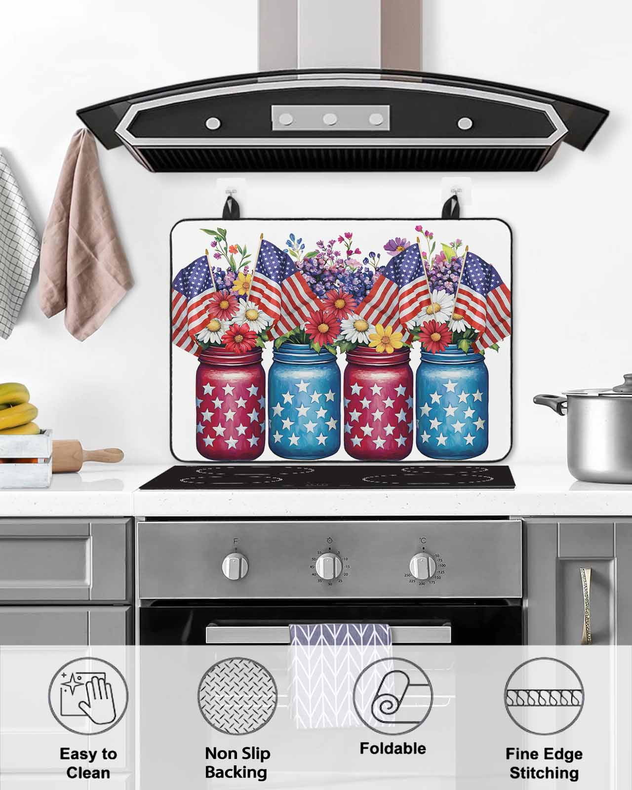 nqOlkjepod Large Induction Cooktop Protector Mat 24"x21", 4th of July Stove Top Covers for Electric Stove, American Flag Independence Day Floral Stove Burner Cover Mats, Glass Top Stove Cover