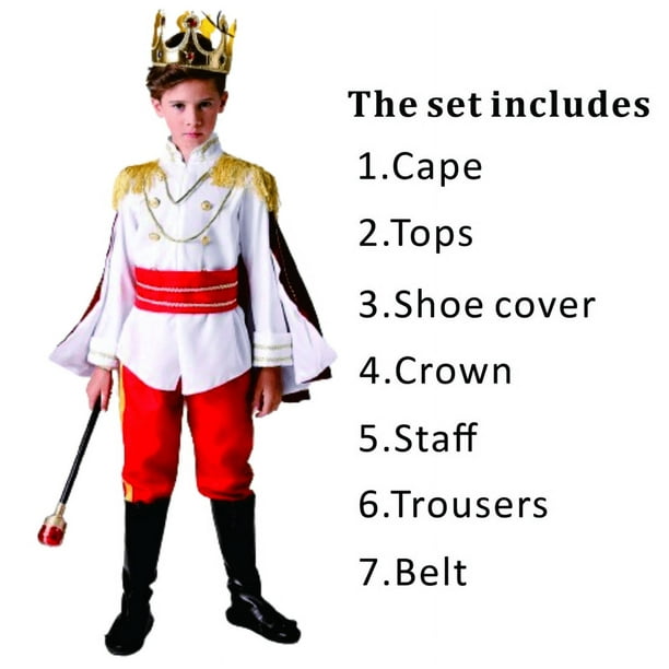Disfraz de rey de carnaval para niño, 7 piezas, príncipe real medieval, conjunto completo para Halloween, fiesta de cumpleaños, disfraces.
