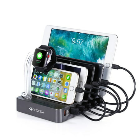 Quick Charge QC 3.0,6 USB Charger Cables(3 Types) Charging Station, for iwatch Stand, Fastest 6-Port Docking Station, USB Charging Station for Multiple Devices, Phones, Tablet,