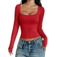 thumbnail image 1 of Womens Long Sleeve Shirts Crop Tops Square Neck Going Out Basics Tees Y2K Winter Clothes Red M, 1 of 7