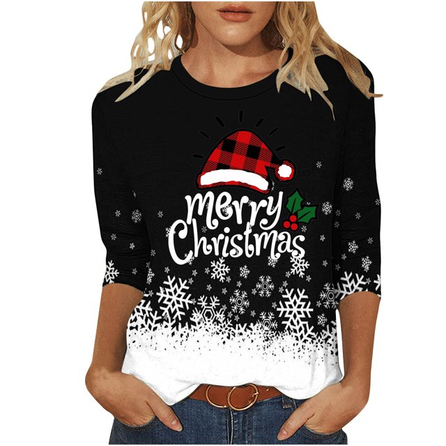 Funicet Blouses pour Femmes Mode, Blouses pour Femmes, T-Shirt Imprimé de Noël Manches 3/4 Col Rond Décontracté, Blouses pour Femmes Mode, T-Shirts pour Femmes