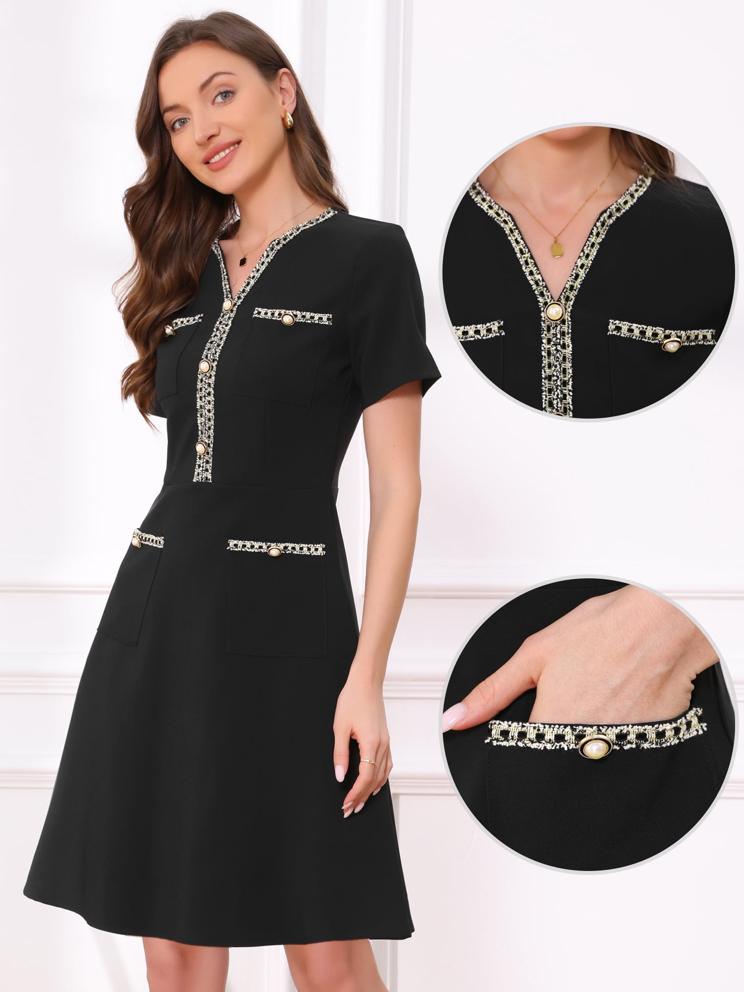 DARING DIVA Women's V Neck Short Sleeves Tweed Trim Dressy A-Line Dress L Black