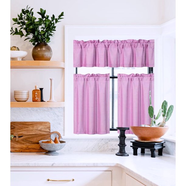 Juego de cortinas opacas K3 de 3 piezas, 2 niveles + 1 cenefa para cocina y sala de estar, con aislamiento térmico, oscurecimiento de la habitación, panel superior con bolsillo para barra, color rosa
