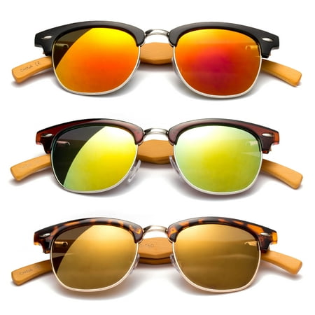 3 Pack Modern Retro Fashion Real Bamboo Temple Mixed Frame Sunglasses Vintage Design Flash Mirror Lens for Men & for Women