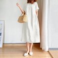 thumbnail image 1 of JUNWELL Robe Femme Coton Lin Décontractée Été Couleur Unie Manches Courtes Ample Plage Kaftan Midi, 1 of 7