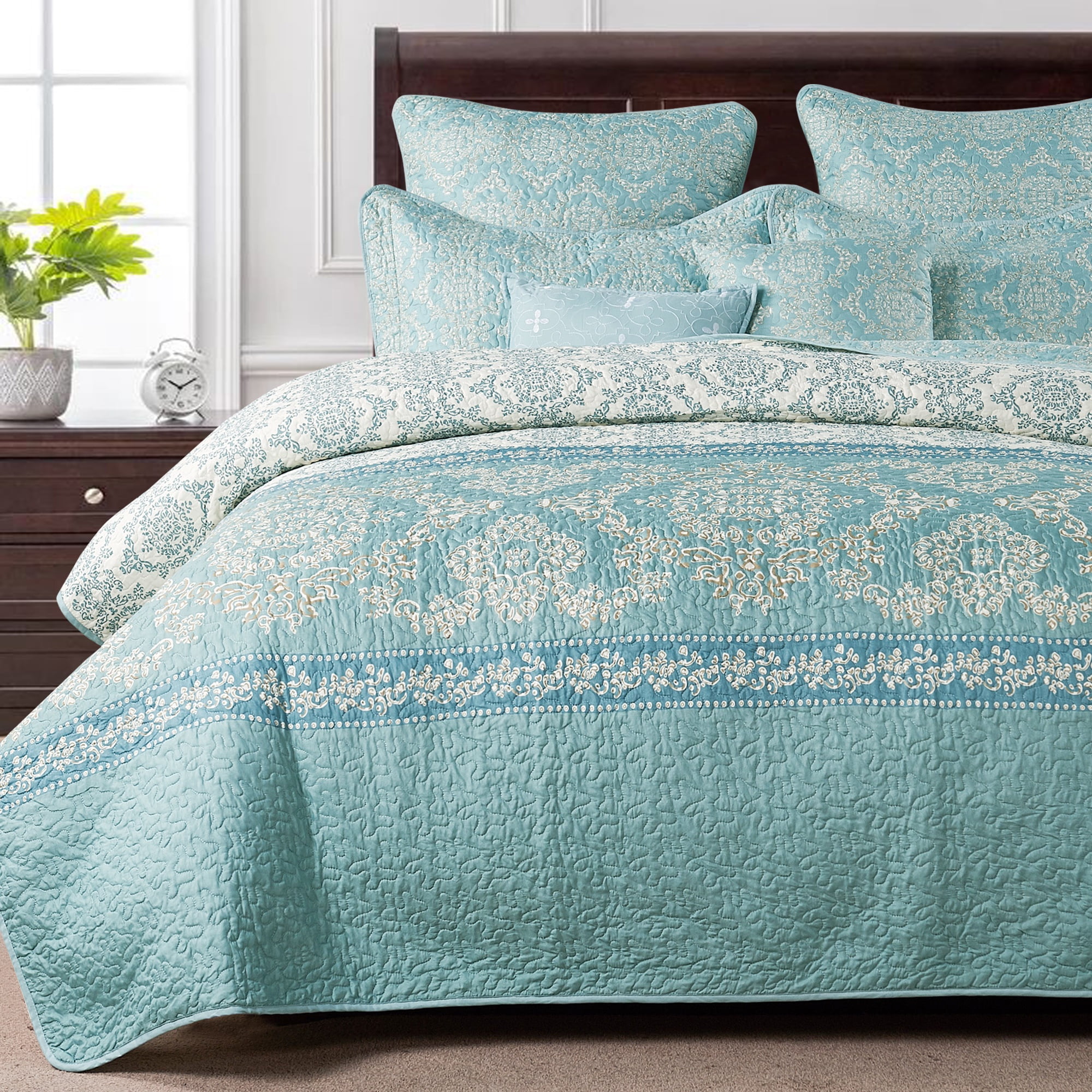 Home Soft Things 7 Piece Printed Microfiber Quilts Bedspread Set - Mystic - Teal/Turquoise - King (102" x 90")