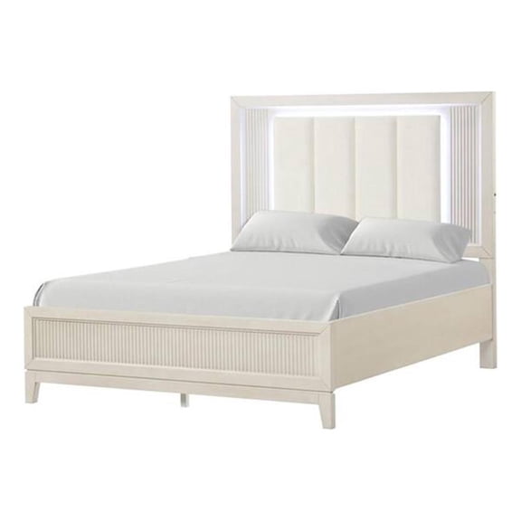 Toi Queen Bed-LED Headboard w Tufted Upholstery-Fluted Antique White