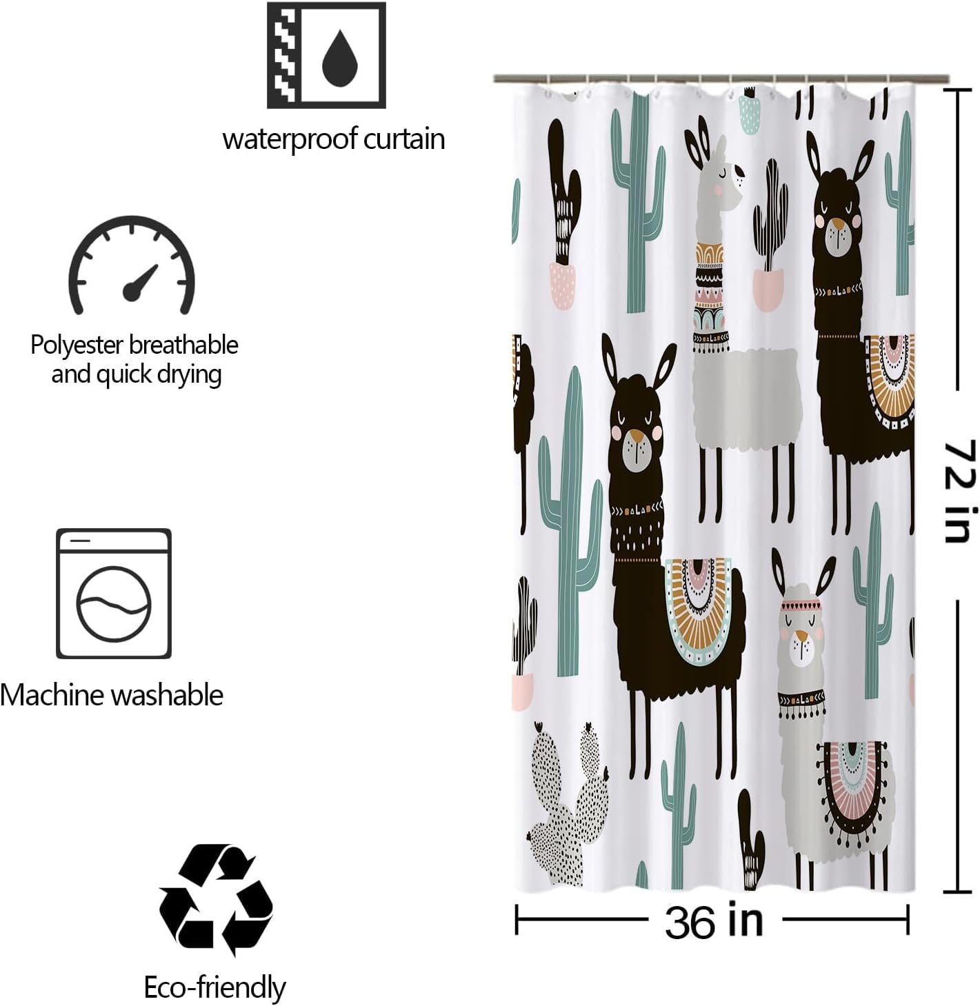 Stall 36"x72" Cute Alpaca Shower Curtain Set with Hooks,Funny Bathroom Curtain Kids Fabric Waterproof Bath Curtain Machine Washable