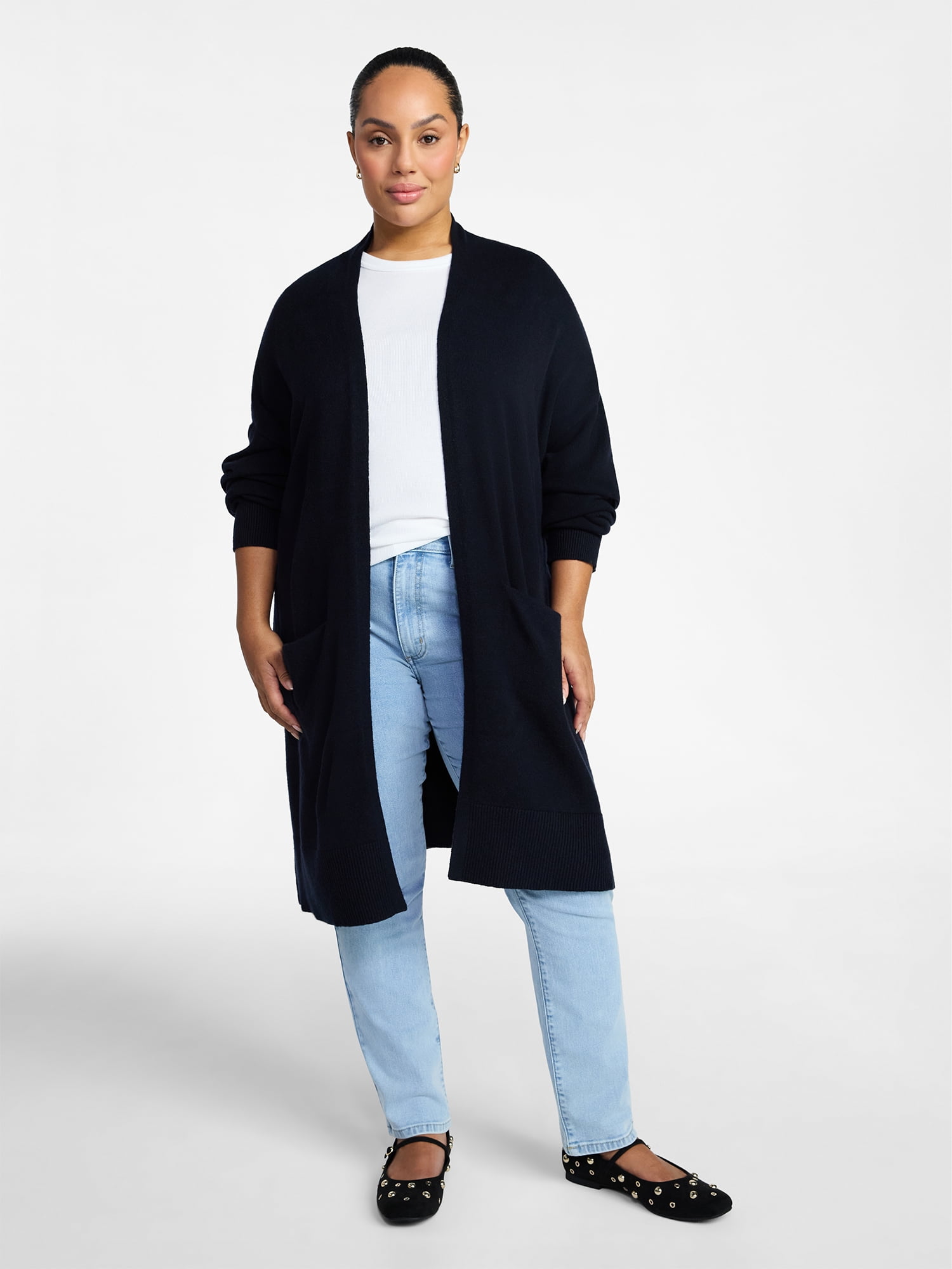 Time and Tru Women's Long Open Front Cardigan Sweater with Long Sleeves, Sizes XS-XXXL
