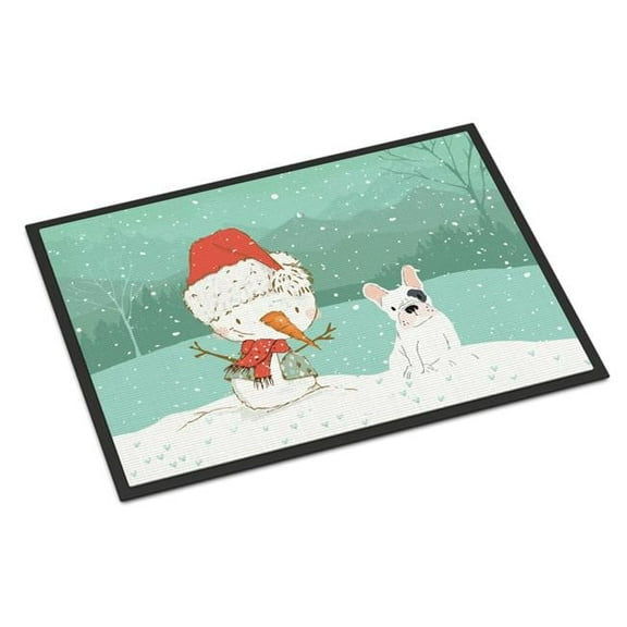24 x 36 in. Piebald French Bulldog Snowman Christmas Indoor or Outdoor Mat