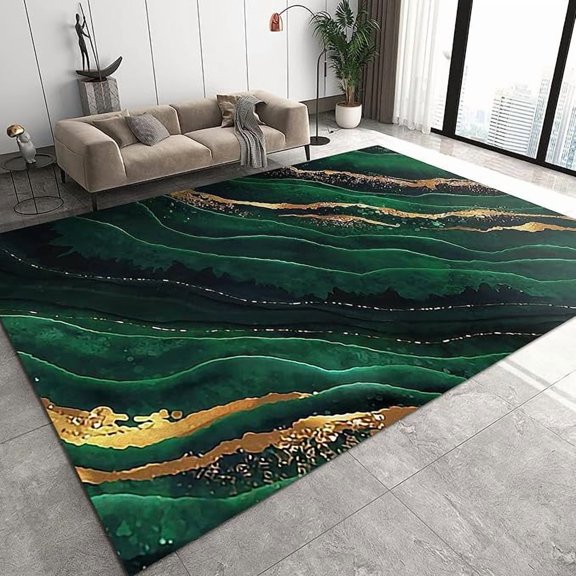 Nordic Green Marble Area Rug, Abstract Golden Texture Marble Non Slip Large Area Rugs, Easy Care Stain Resistant Carpet for Indoor Living Room Bedroom Office Decor Mat 4 x 6ft