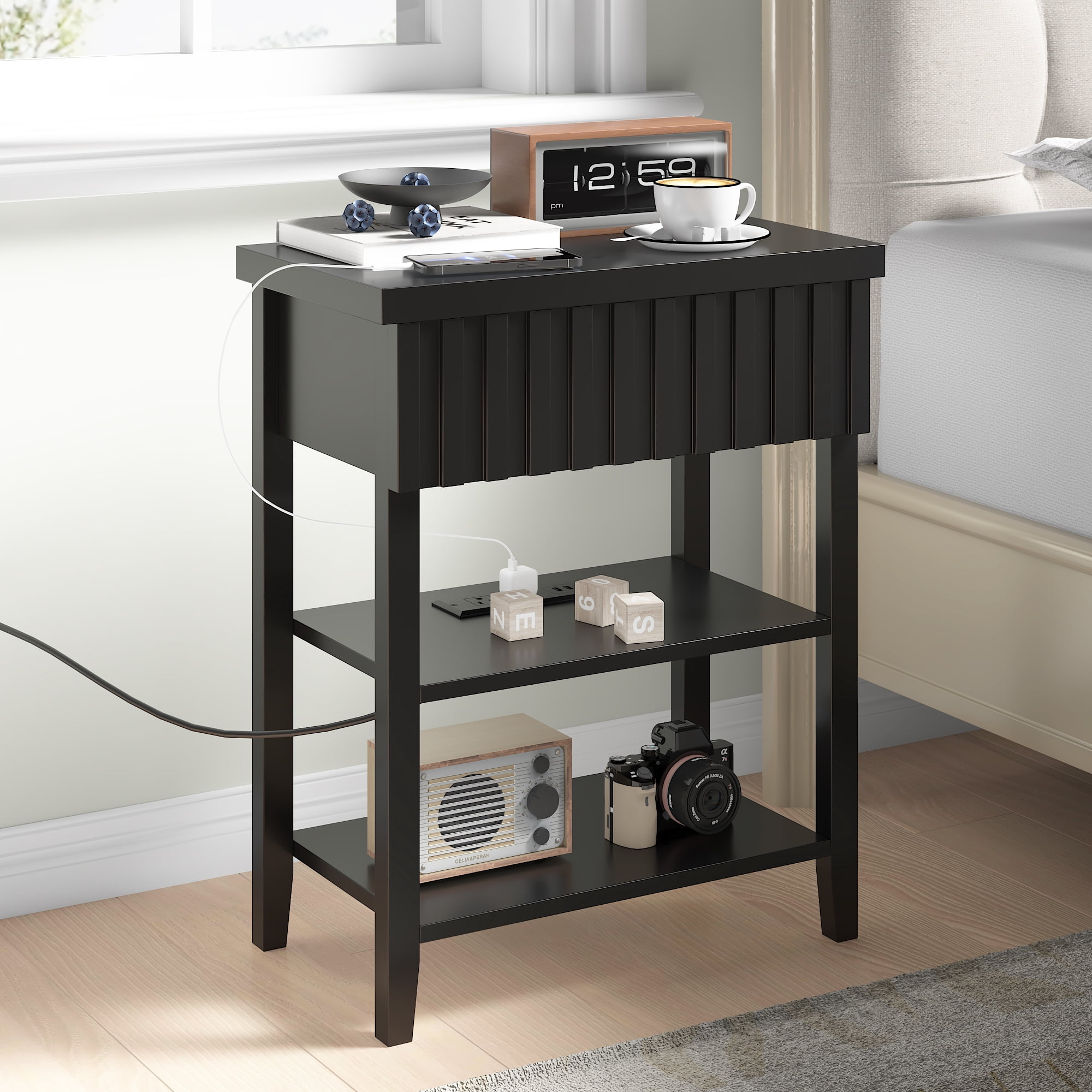 Fluted Nightstand with Charging Station,Farmhouse Night Stand with Drawer & 2 Open Storage Shelves,Modern Side Table for Bedroom Small Space Living Room Entryway,Black(Set of 2)