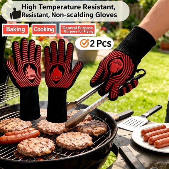 Oven Gloves with Fingers - Heat Proof and Cut Resistant Mitts for Kitchen, BBQ, Grill, Baking, with anti-slip silicone and Cotton Lined for Comfort
