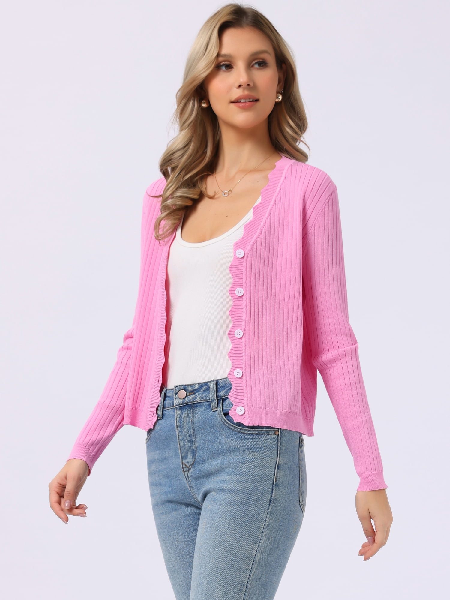 DARING DIVA Women's Open Front Long Sleeve Button Down Knit Cardigan M Pink