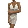 thumbnail image 4 of Women Summer Sexy Beach Overskirt Set Solid Color V-neck Hollow out Dress Backless Tie Up Slip Skirts Bikini Cover-Up with T-Back, 4 of 7