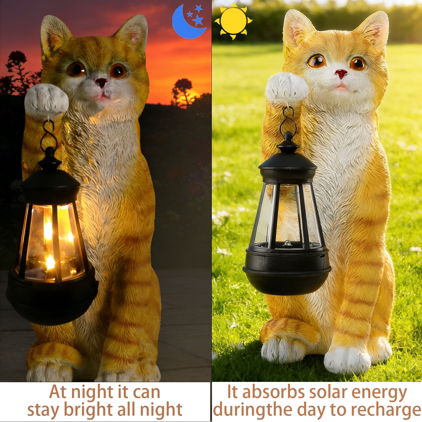 Outdoor Statue,Orange Tabby Cat Garden Statue with Solar Lantern – Lifelike Resin Decor for Patio, Lawn & Outdoor Spaces