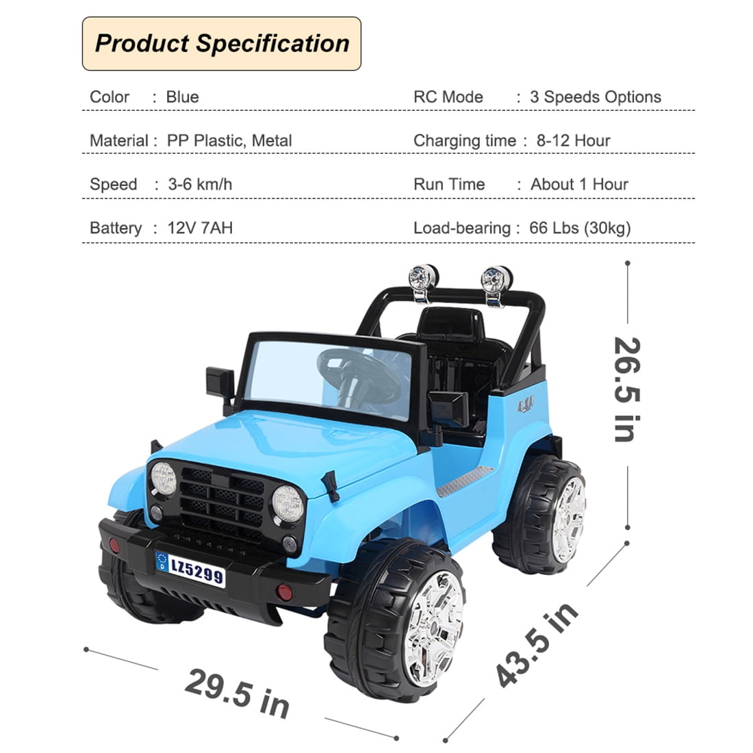 12V Kids Electric Car with Remote Control, Ride-On Toy for Boys/Girls, 4 Wheeler Electric Vehicle with 3 Speeds, LED Lights, MP3 Player, Blue