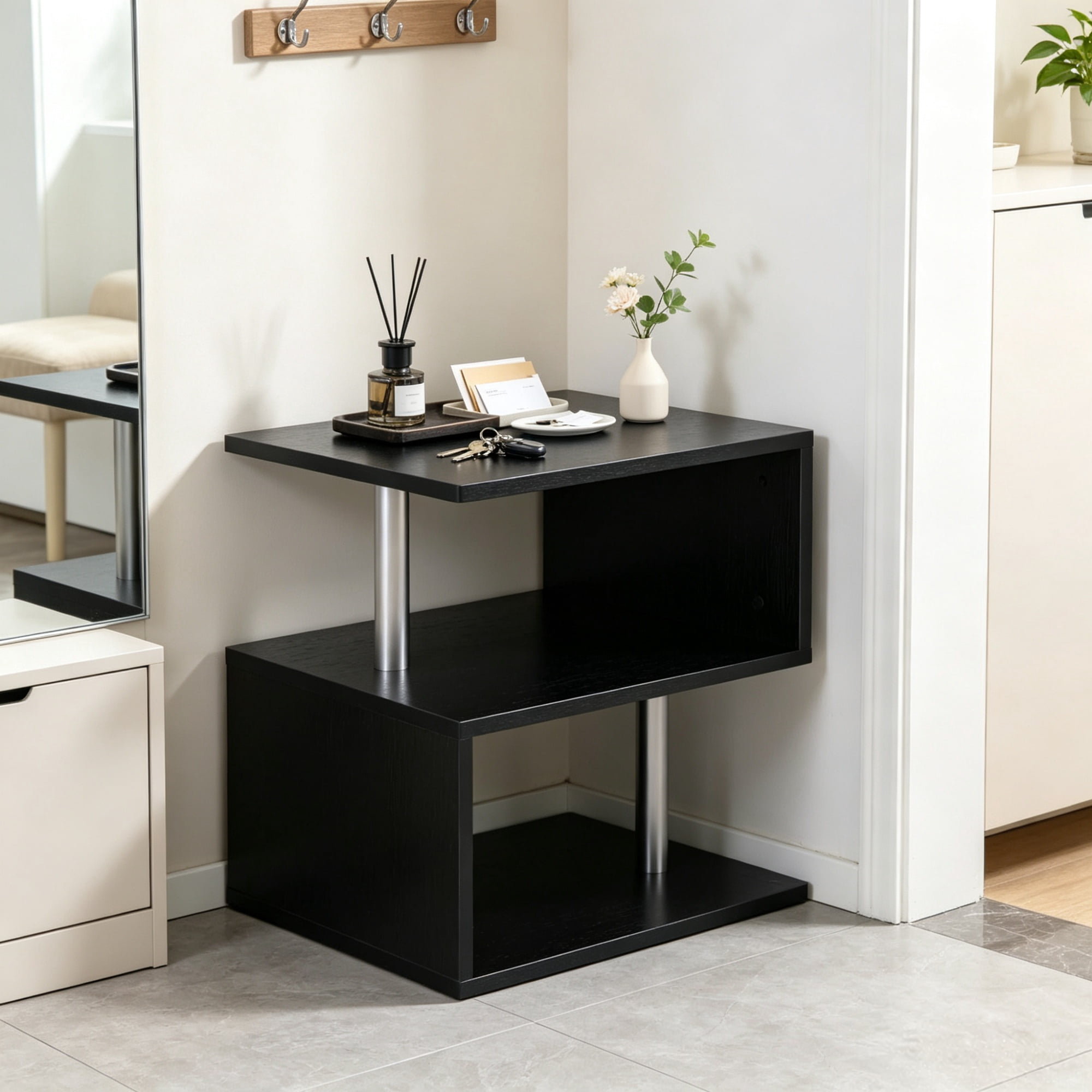 20" S-Shaped End Table with Storage Shelf & Steel Poles, Sleek Black Accent Side Table for Living Room