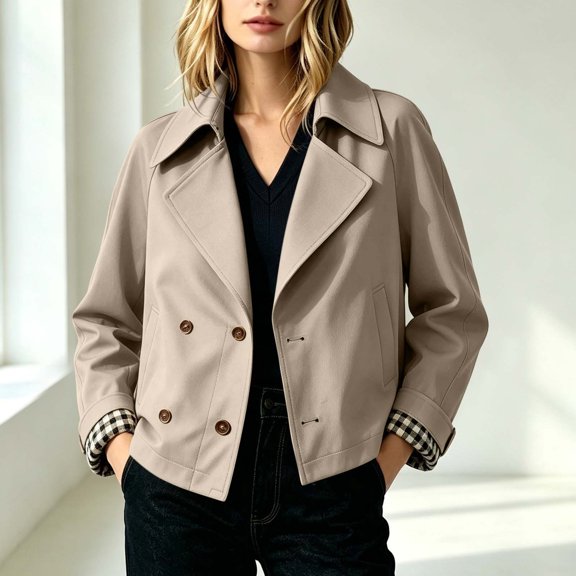 ClodeEU Women's Notch Collar Button Short Trench Coat,Long Sleeve Double Breasted Casual Jacket ,Women's Plus L
