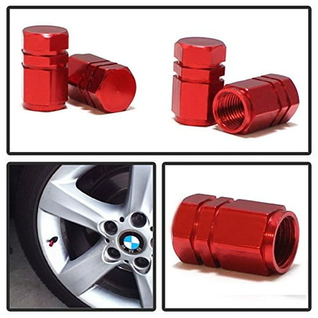 iJDMTOY (4) Tuner Racing Style Red Aluminum Tire Valve Caps (Hexagon