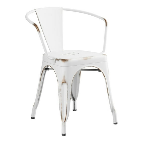 Cafe Style Stackable Distressed White Metal Restaurant Dining Arm Chair For Indoor or Outdoor Use