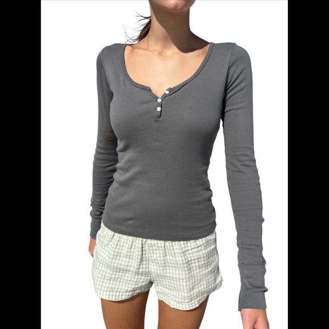 Tops Henley de Larga para Mujer para Otoño, Elegantes e Informales, Lindas Camisetas Básicas para Niñas en Invierno Flor Gris L