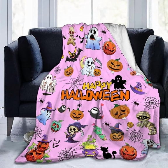 Halloween Throw Blanket 60" x 50" - Soft Flannel Ghost Blanket, Cozy Plush for Couch, Sofa & Bed, Fall Winter Decor, for Kids & Adults (Pumpkin Orange)