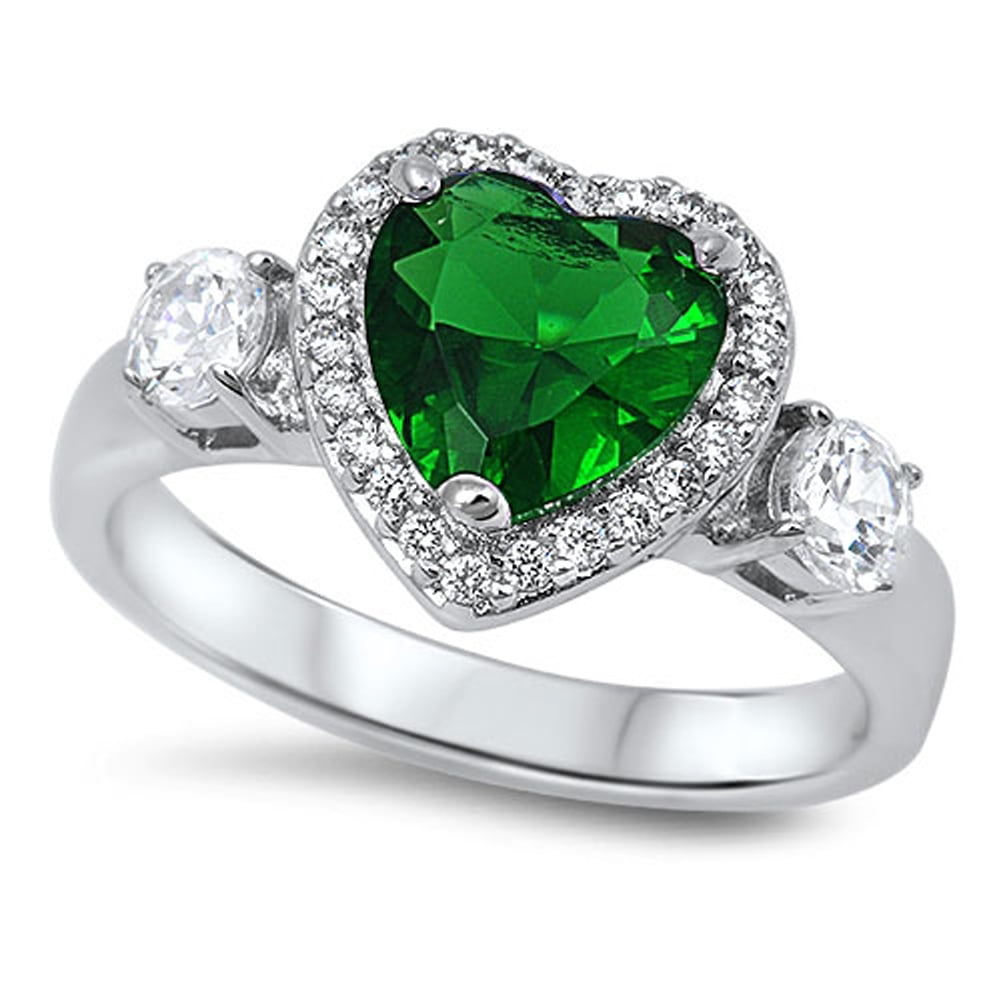 CHOOSE YOUR COLOR White CZ Heart Love Halo Promise Ring .925 Sterling Silver Band Green Female Size 10