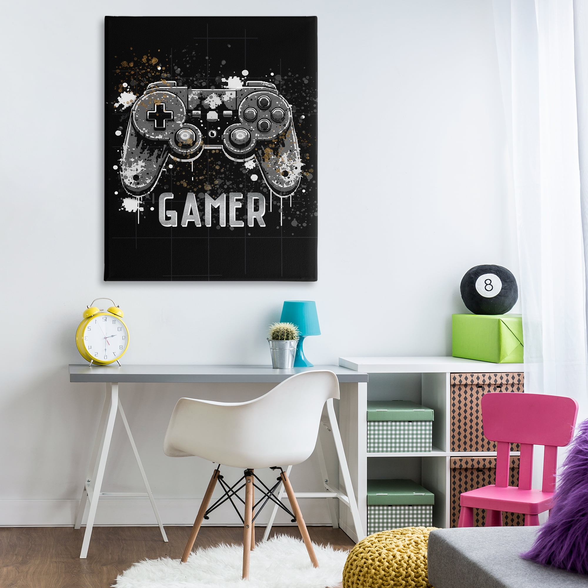 Stupell Industries Gamer with Modern Splash Entertainment Painting Wrapped Canvas Art Print Wall Art, 36 x 48