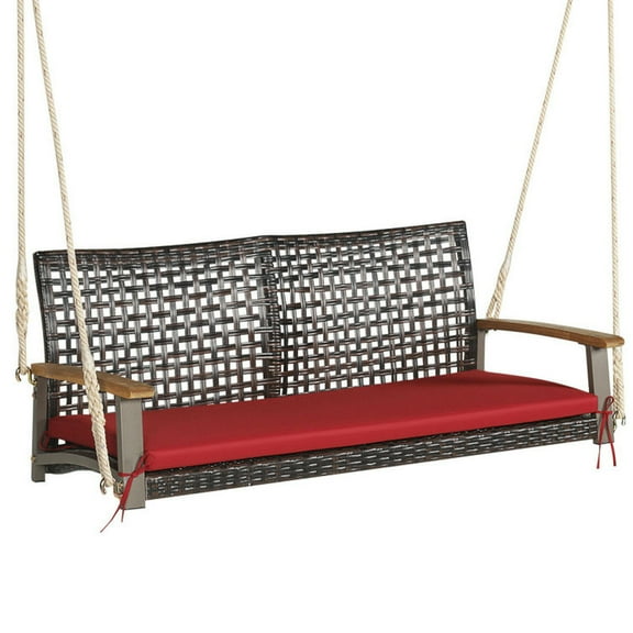 GVN Porch Swing with Stand,Outdoor Relaxation Swings,2-Person Rattan Hanging Porch Swing Chair-Red
