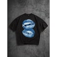 thumbnail image 2 of Women's Oversized Black T-Shirt with Blue Double Lips Graphic, Loose Fit Casual Tee Top, 2 of 9