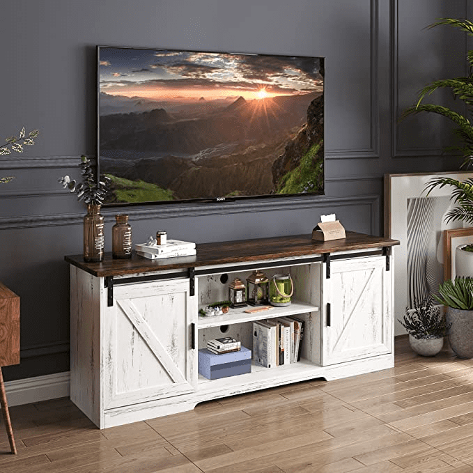 LVSOMT Farmhouse 65" TV Stand, Modern TV Stand White, Entertainment