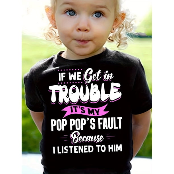 Girls' Funny Saying T-Shirt - "If We Get in Trouble It's My 's Fault Because I Listened to Him" Print, Black with White & Lettering, Loose Fit Casual Summer Top, Machine Washable