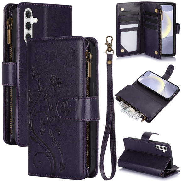 Dteck Wallet Case for Samsung Galaxy A57, Embossed Butterfly PU Leather Phone Case Women Men Flip Cover Wrist Strap Zipper Credit Card Holder Slots,Dark Purple