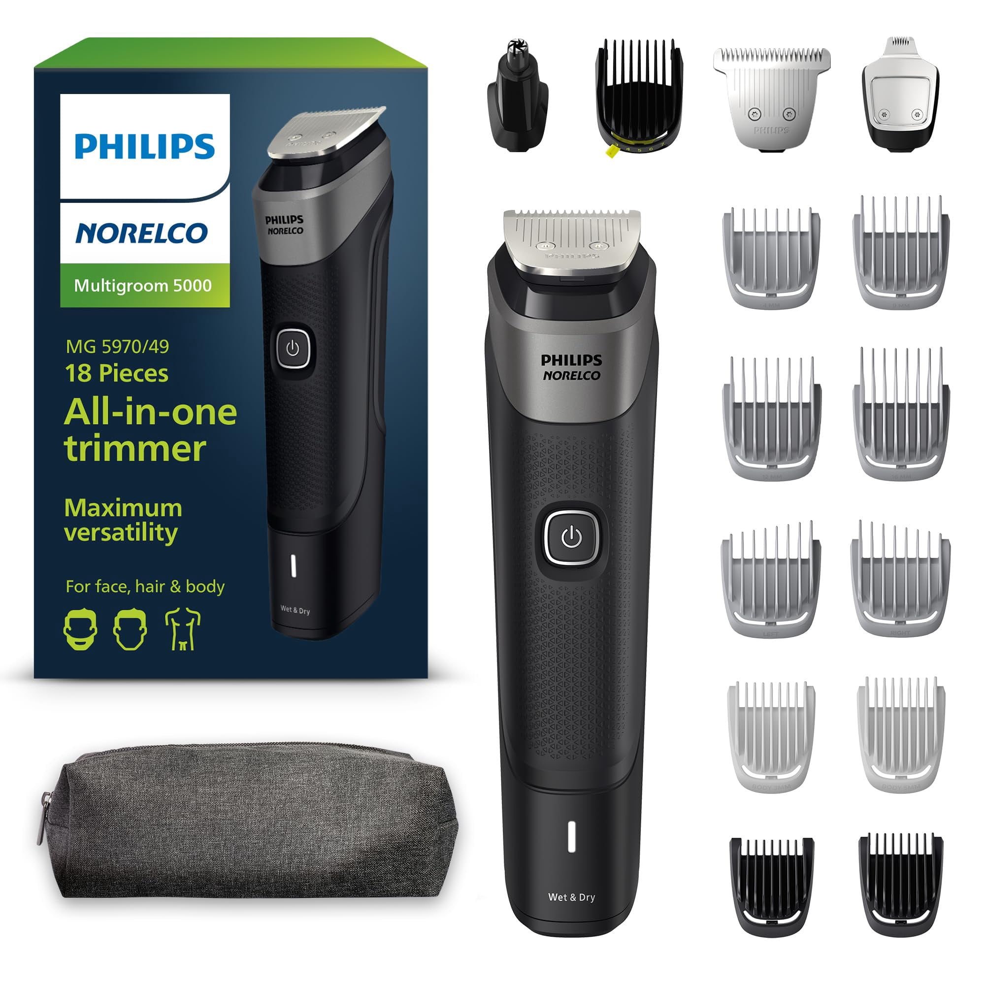 Norelco Philips Multigroom Series 5000, All-in-One Trimmer and Hair Clipper, 18-Piece Men's Grooming Kit for Beard, Face, Nose, Ear and Intimate Areas, Toiletry Bag, No Blade Oil Needed, MG5970/49