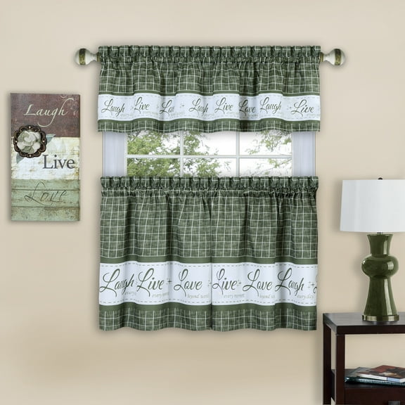 Live Love Laugh Window Kitchen Curtains 3-Piece Tier & Valance Set, Green, 58" W x 36" L