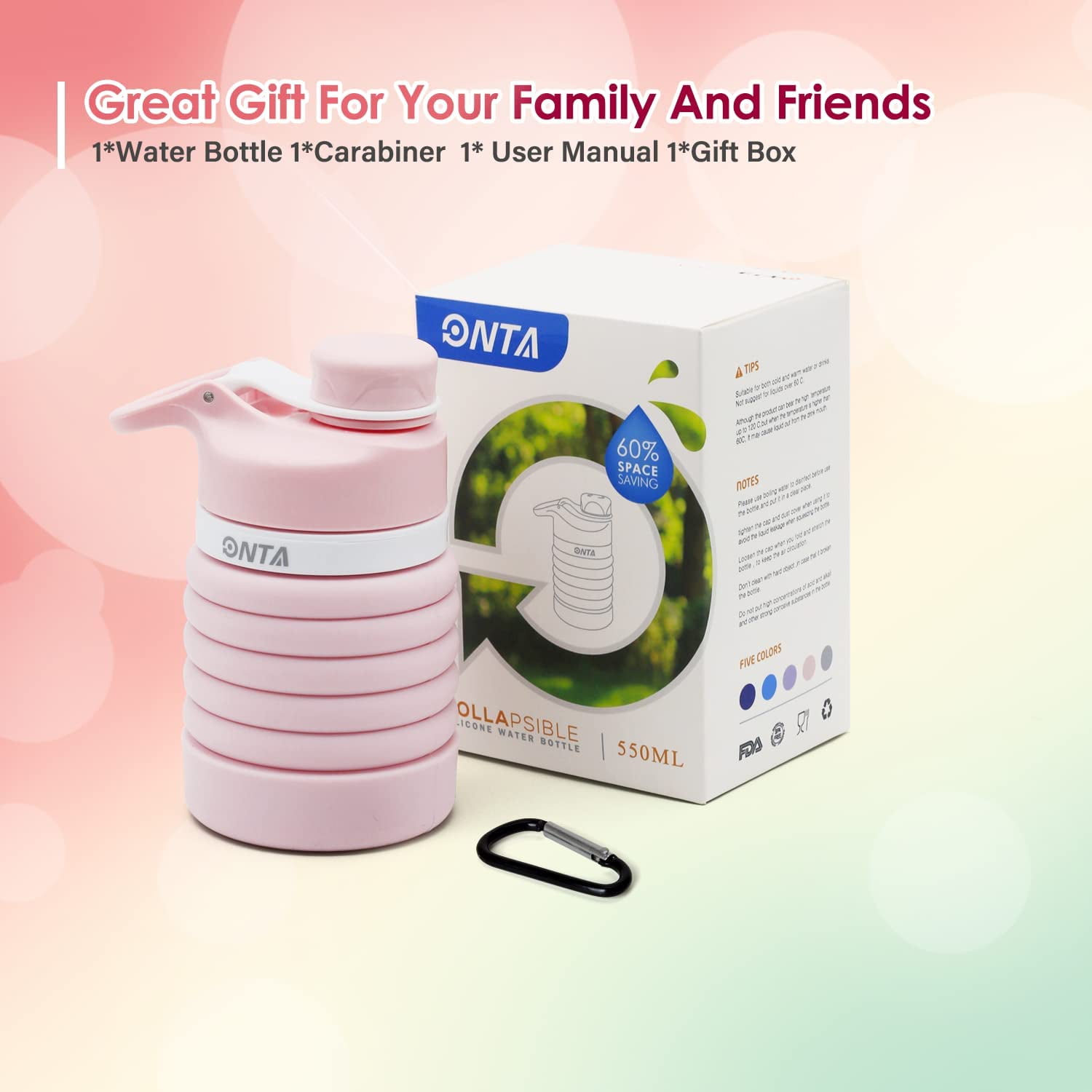 ONTA Collapsible Water Bottle- BPA Free Silicone Foldable Water Bottle for Travel,Silicone Portable Leak-Proof Travel Water Bottle 20oz, pink