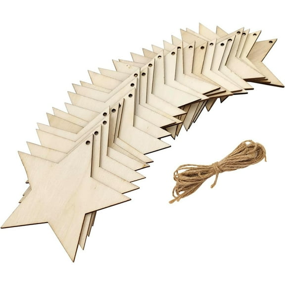 30 Pack Wood Star Cutouts Unfinished Wooden Star for Crafts Star Hanging Ornaments DIY Star Craft Gift Tags for Home Party Decoration Craft Project