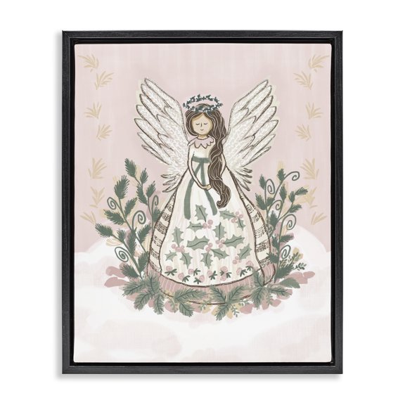 Stupell Industries Shabby Chic Christmas Angel with Botanicals Black Floating Frame Canvas Art, 17 x 21, by Connie Summers