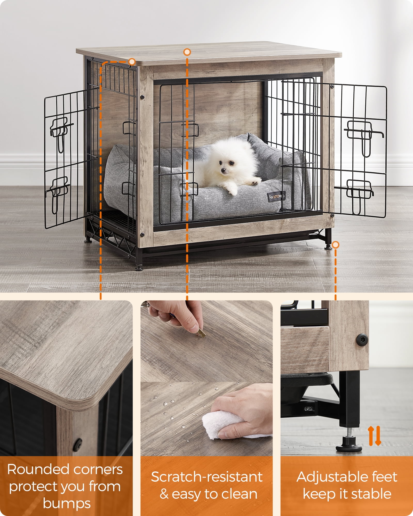 Wooden Dog Crate Furniture,Double-Doors Kennel for Dogs Indoor up to 30 lb, Removable Tray, End Table Dog Crate for Decoration 27.2"L x 20.1"W x 23.6"H, Greige