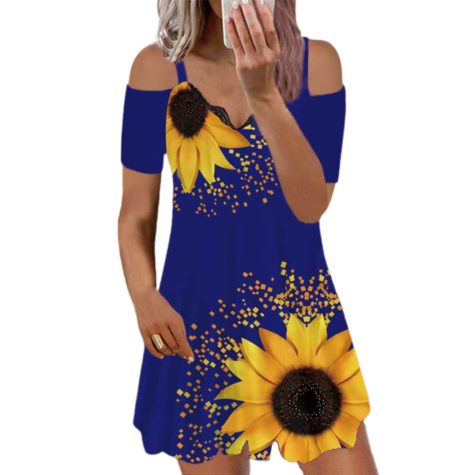 ZASUN Women's Summer Dresses Casual Short Dresses Hollow Out Backless Tank Beach Dresses Fashion Sunflower Print Sundresses 