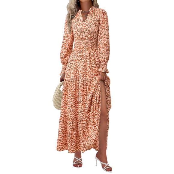 Vestido PRETTYGARDEN 2025 Floral Naranja Cuello en V Manga Larga XXL