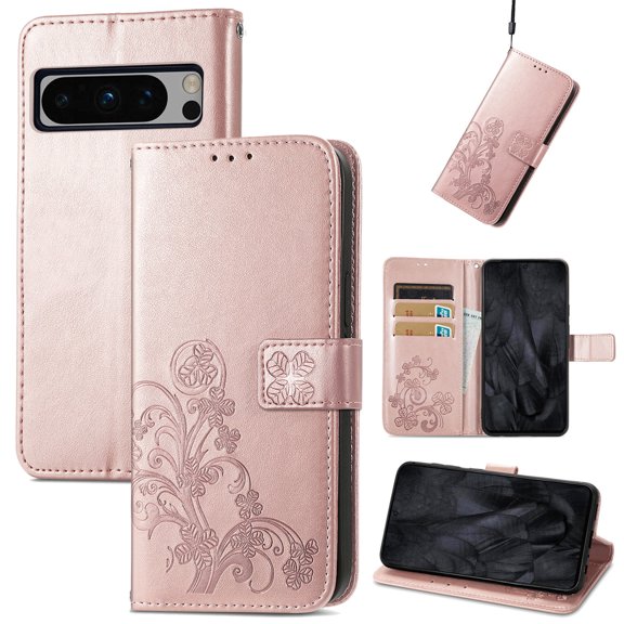 for Google Pixel 8 Pro Wallet Case, [Flower Embossed] Premium PU Leather Flip Protective Case Cover with Card Holder and Stand with Wrist Strap for Google Pixel 8 Pro, Rosegold