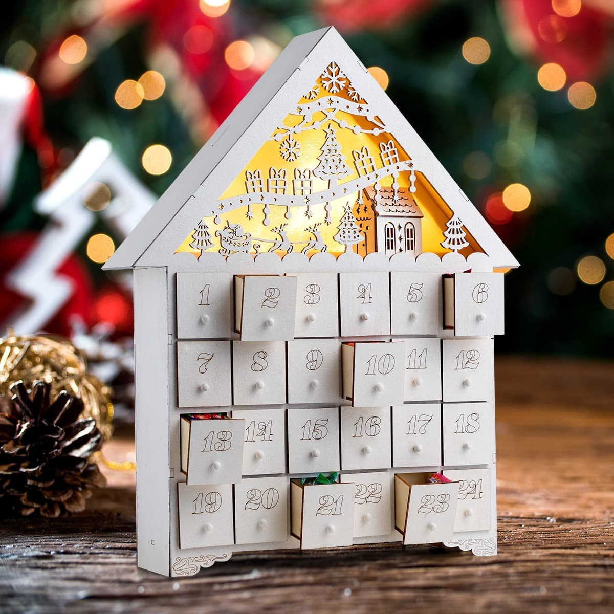 Prelit 24 Days Wooden Christmas Advent Calendar, Wooden House Countdown to  Christmas Calendar with Empty Drawers for Christmas Holiday Decoration,  Party Favor Supplies (17''x13') - Walmart.com